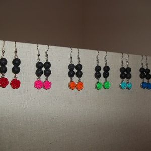 Double Lava Bead DIffuser Earrings with Rose Charm